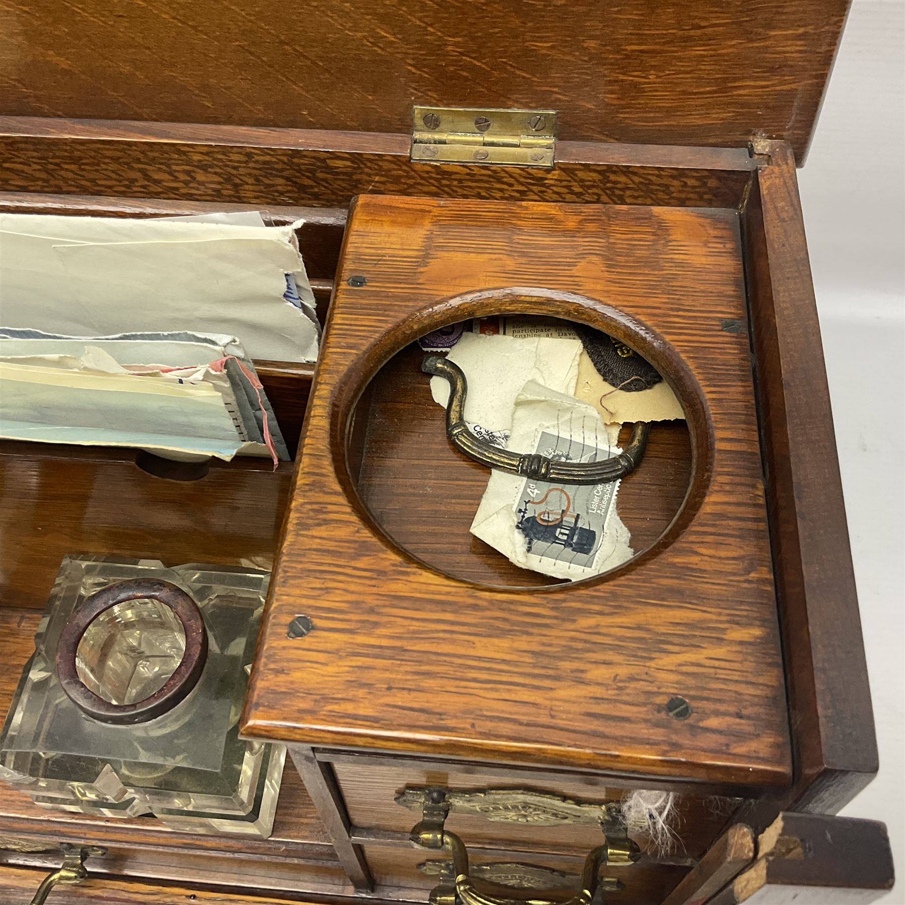 Late Victorian oak correspondence cabinet, with interior letter rack and three drawers