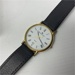 Maurice Lacroix gentlemans quartz wristwatch, 92127, with gold plated case, date apeture and leather strap, together with a Swarovski Crystal bracelet, two silver brooches and two costume brooches