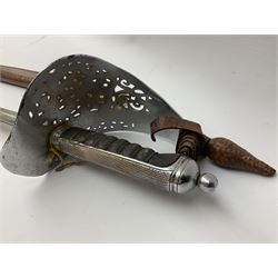 British George V 1897 Pattern Infantry Officers Sword, the 82.5cm fullered steel blade etched and polished with crowned royal arms, GRV cyphers and scrolling foliage, marked Army & Navy Co-operative Society 105 Victoria St London SW to the ricasso,  plated pierced basket hilt with wire bound fish skin grip and leather knot, No.15032; in leather covered scabbard