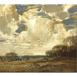  Kershaw Schofield (British 1872-1941): Landscape with Sheep under Heavy Clouds, oil on panel signed 53cm x 58cm Provenance: from personal collection of Schofield's work belonging to the late Michael Fulda, well known Manchester Art Dealer   DDS - Artist's resale rights may apply to this lot     