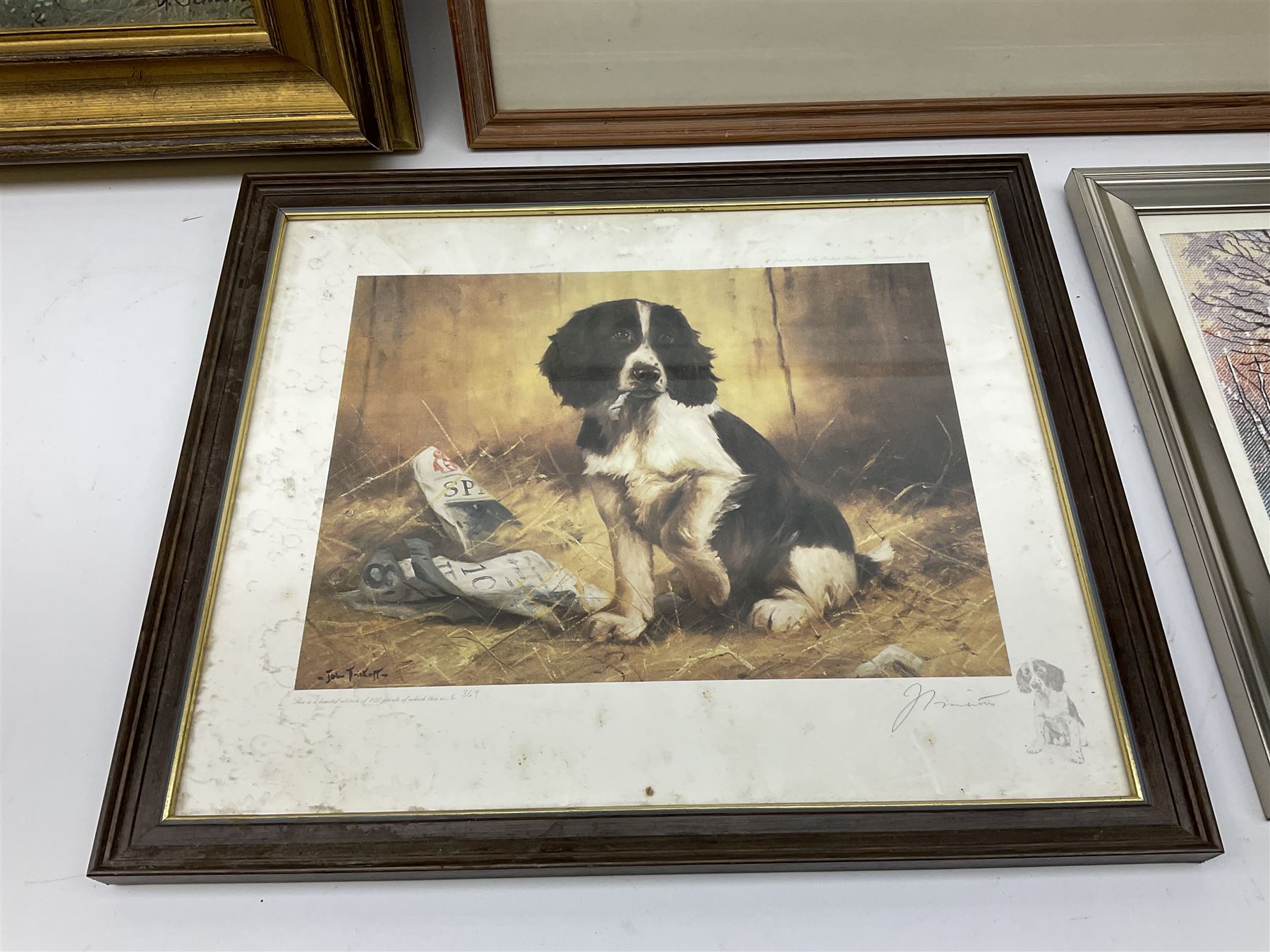 After Claude Monet (French 1840 - 1926): 'San Giorgio Maggiore', colour print; After Adolf Sehring (American 1930-): Summer Daydream, textured print; after John Trickett (British 1952-): Spaniel Puppy, colour print signed together with two needleworks (5)