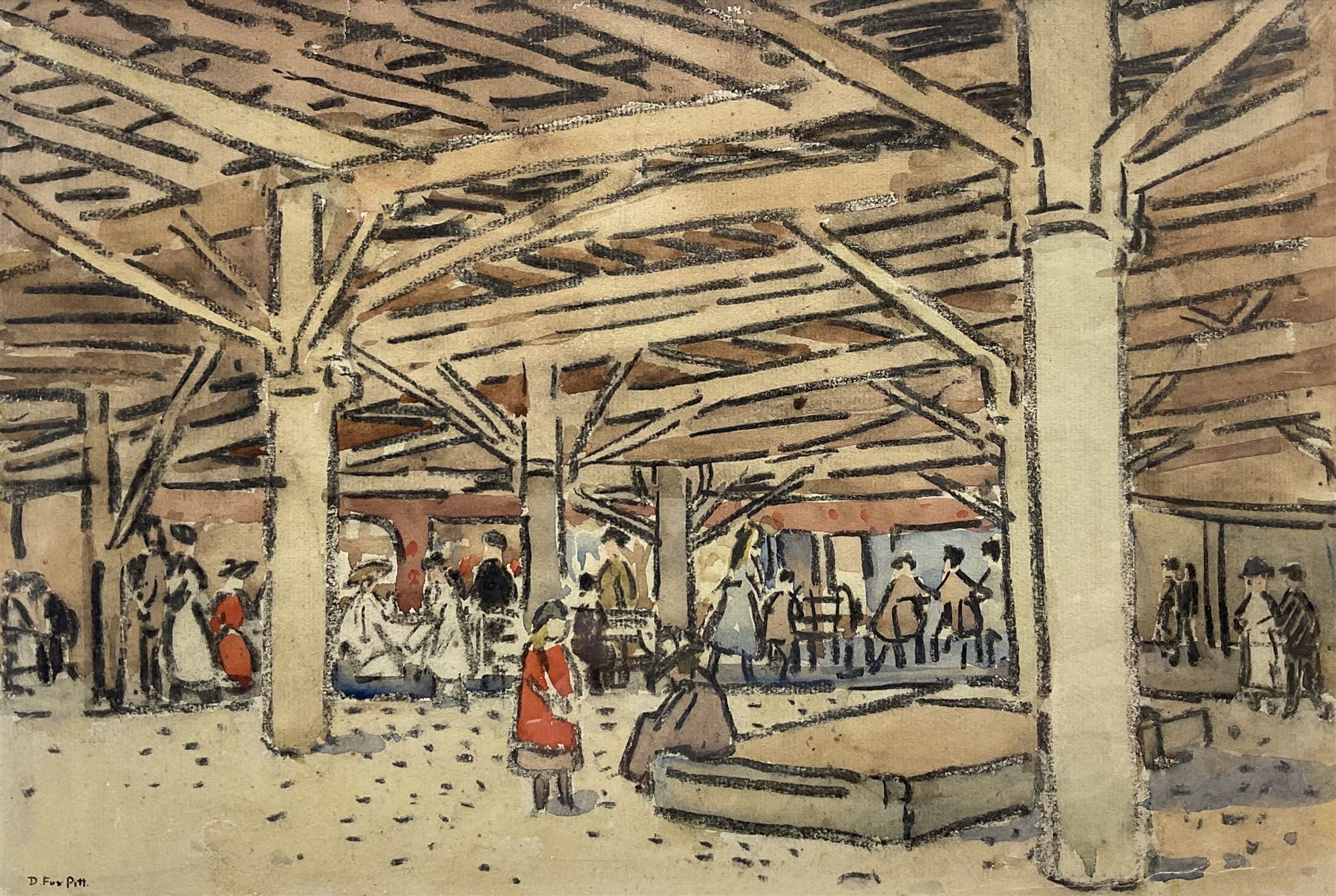 Douglas Fox Pitt (British 1864-1922): Figures under Brighton Pier, watercolour and charcoal signed 23cm x 35cm
