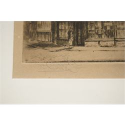 William Renison (Scottish 1893-1938): House of Saint Veronica - Via Dolorosa Jerusalem and French Town Centre; Frank Harding (British fl.1885-1890): 'Christchurch Priory'; John Fullwood (British 1851-1931): Churchyard, and Georges Huardel-Bly (French 1872-?): The Old Curiosity Shop, five monochrome etchings signed in pencil max 44cm x 30cm (5)
