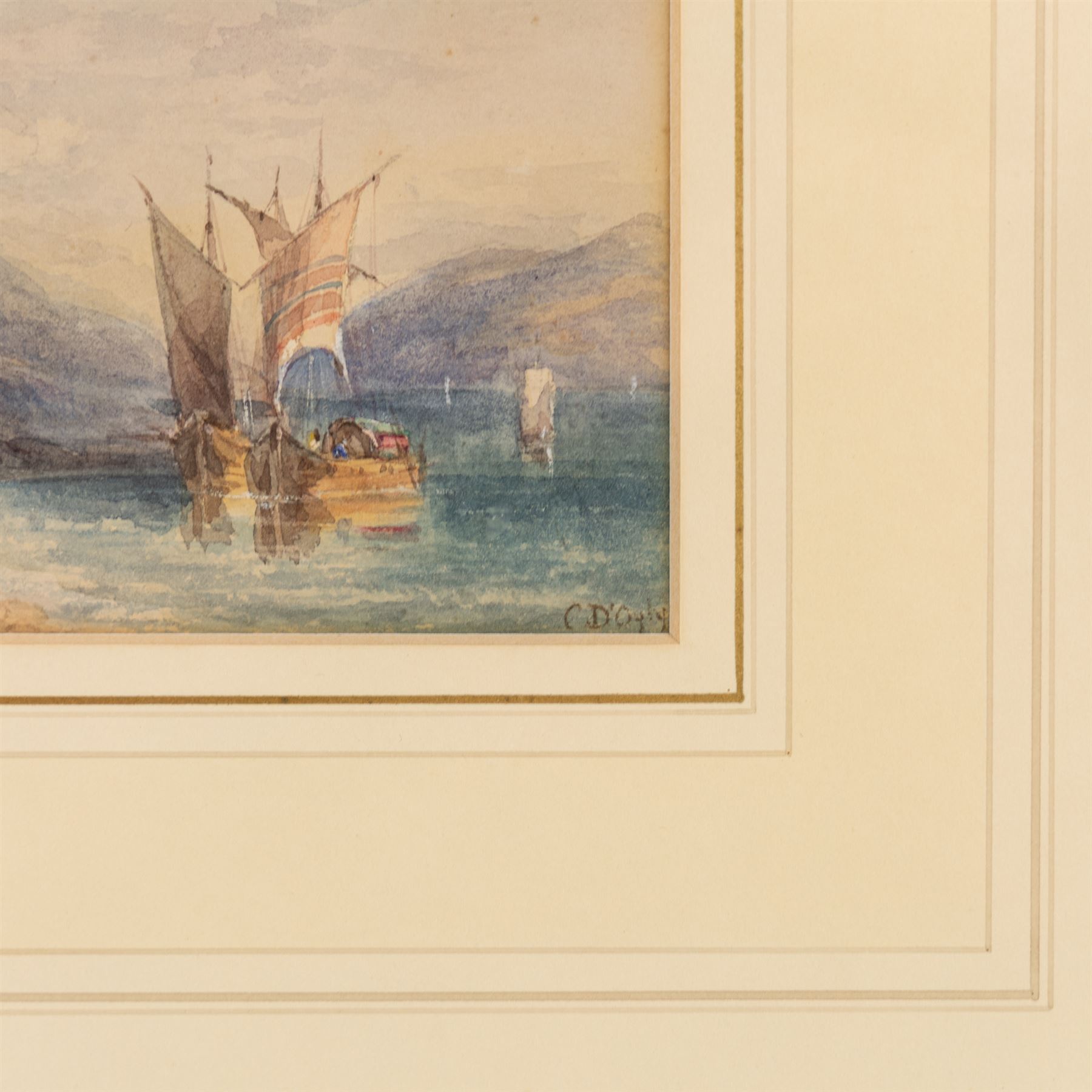 Sir Charles D'Oyly (British 1781-1845): Sailboats on a Misty River Valley, watercolour signed 9cm x 15cm