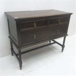 Early 20th century oak chest, two short one long drawer, barley twist supports joined by stretchers, W108cm, H84cm, D51cm