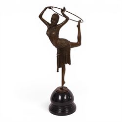 After Demetre Chiparus (1886-1947), an Art Deco style bronze modelled as a dancer with hoo...