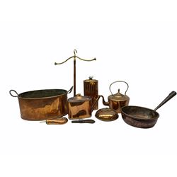 Victorian and later copper, including an embossed gunpower flask, copper warmer, two kettles etc.  
