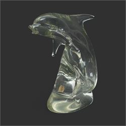 After Oscar Zanetti - Two Murano glass rearing horses with aventurine details to mane tail and hooves, larger 35cm and a Murano dolphin H24cm (3)