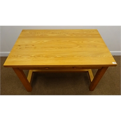  Rectangular pine table, single drawer, square supports, W122cm, H75cm, D76cm  