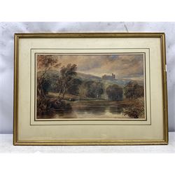 Attrib. David Cox Jr (British 1808-1885): A Distant Castle and The Windmill on the Farm, two watercolours one signed, the other inscribed verso together with another similar unsigned watercolour max  28cm x 47cm (3) 