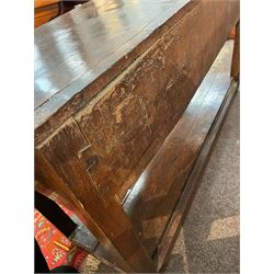 18th century oak dresser base, moulded rectangular top over two drawers and shaped apron, moulded drawer fronts fitted with shaped brass handle plates and swan neck handles, on chamfered square supports united by pot board base 