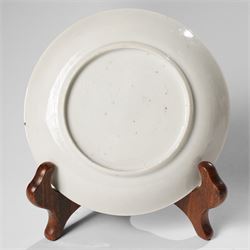 Chinese Yongzheng period saucer, finely painted in grisaille with buffalo within a rocky landscape, the inner rim with iron red and gilt foliate band, D11.5cm