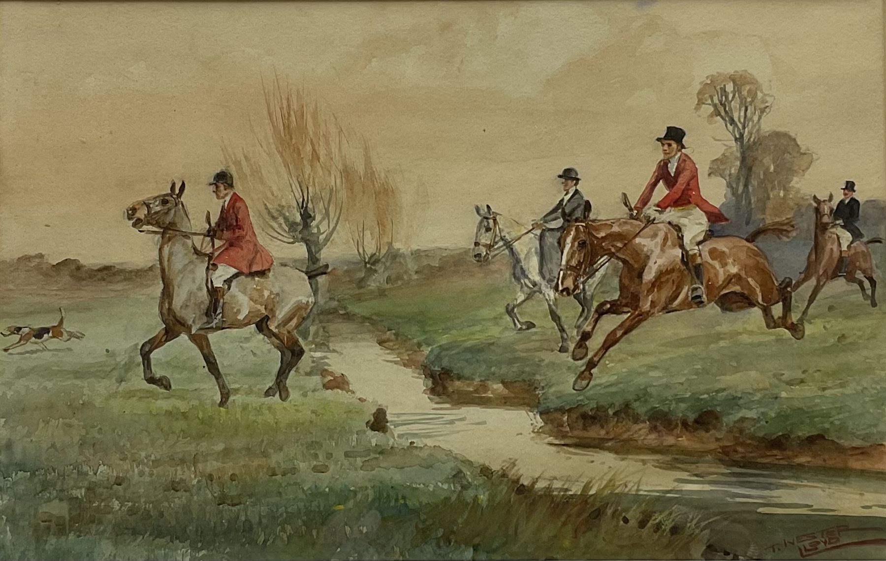 Thomas Ivester Lloyd (British 1832-1942): 'The Brook' - the Hunt clearing a Stream, watercolour signed, original titled mount verso 21cm x 34cm