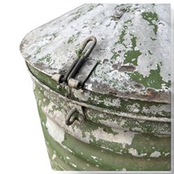 Galvanised storage drum with cover, of ribbed design in rustic green-painted finish
