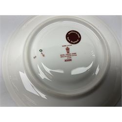 20th century Royal Crown Derby Imari 1128 pattern tea wares, comprising six teacups, five saucers, five side plates, a pair of serving plates, and one other with wavy rim, each with printed marks beneath including various year cyphers, side plates D16cm serving plates each approximately D22cm