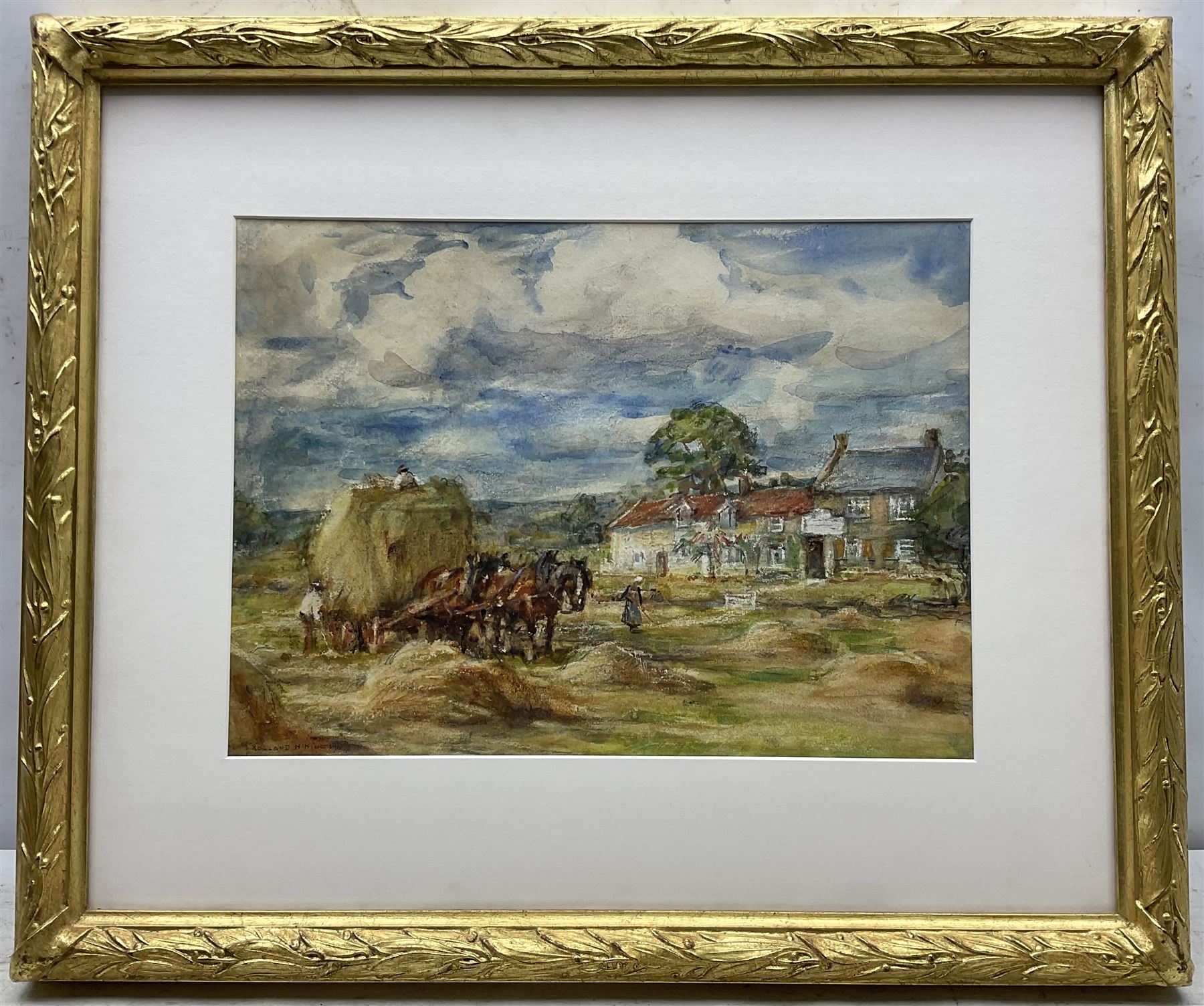 Rowland Henry Hill (Staithes Group 1873-1952): Harvesting at Ellerby, watercolour signed and dated 1927, 27cm x 37cm 
Provenance: with T B & R Jordan Fine Art Specialists, Stockton on Tees, label verso; David Duggleby Ltd 8th December 2017 Lot 115
