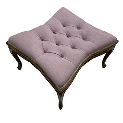 19th century French walnut dressing stool, rectangular seat with concave sides upholstered in buttoned mauve fabric, shaped moulded apron carved with flower heads, over cabriole supports with scroll feet