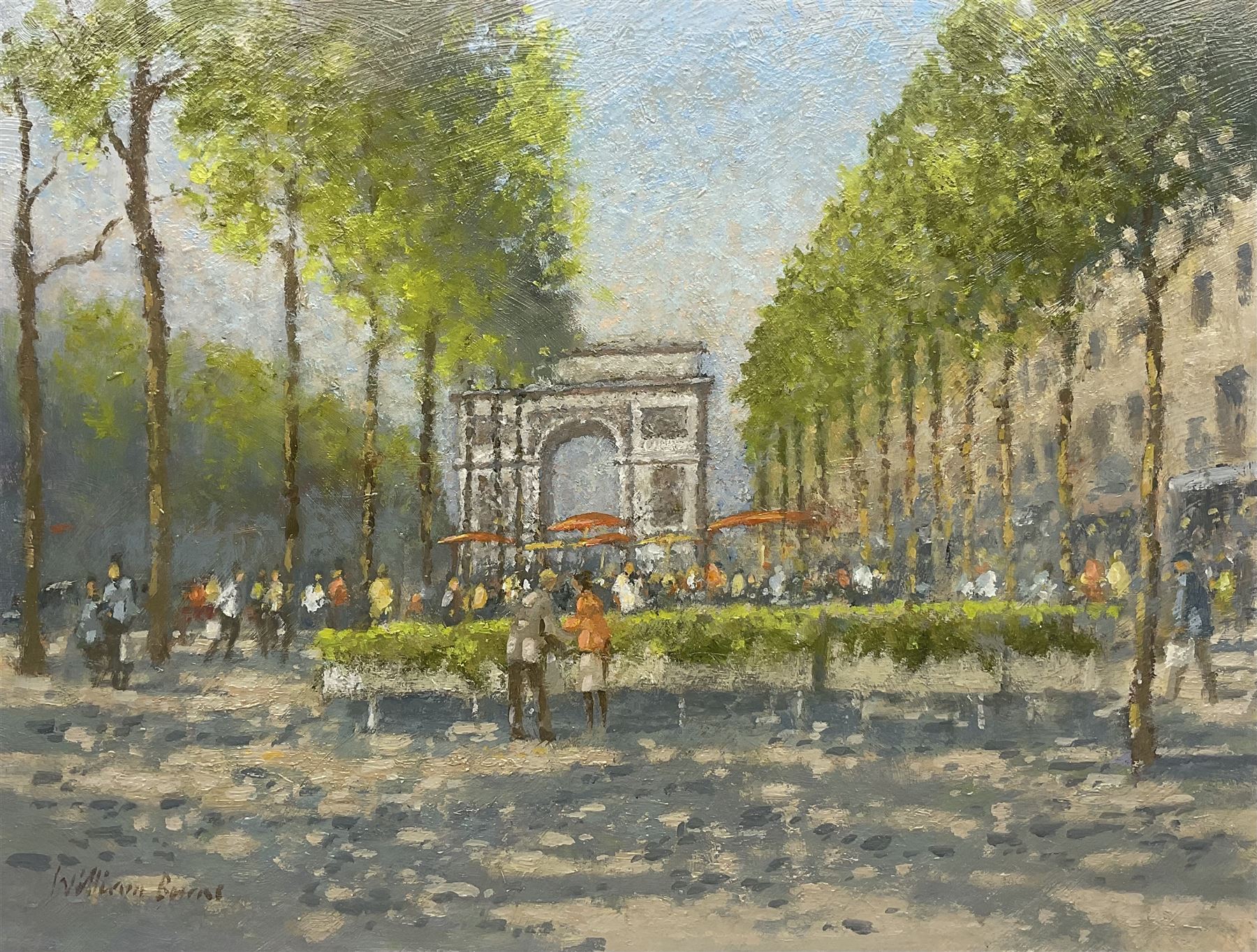 William Burns (Northern British 1923-2010): 'Meeting for Coffee - Champs-Élysées', oil on board signed, titled verso 30cm x 40cm (unframed) Provenance: Direct from the family of the artist. 
Notes: Born in Sheffield in 1923, William Burns RIBA FSAI FRSA studied at the Sheffield College of Art before the outbreak of the Second World War, during which he helped illustrate the official War Diaries for the North Africa Campaign, and was elected a member of the Armed Forces Art Society. On his return, he studied architecture at Sheffield University and later ran his own successful practice, being a member of the Royal Institute of British Architects. However, painting had always been his self-confessed 'first love', and in the 1970s he gave up architecture to become a full-time artist, having his first one-man exhibition in 1979.