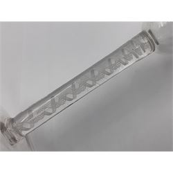 Set of three 18th century style wine glasses, each with funnel bowl etched with fruit vine, upon a double series air twist stem and circular foot, H17cm