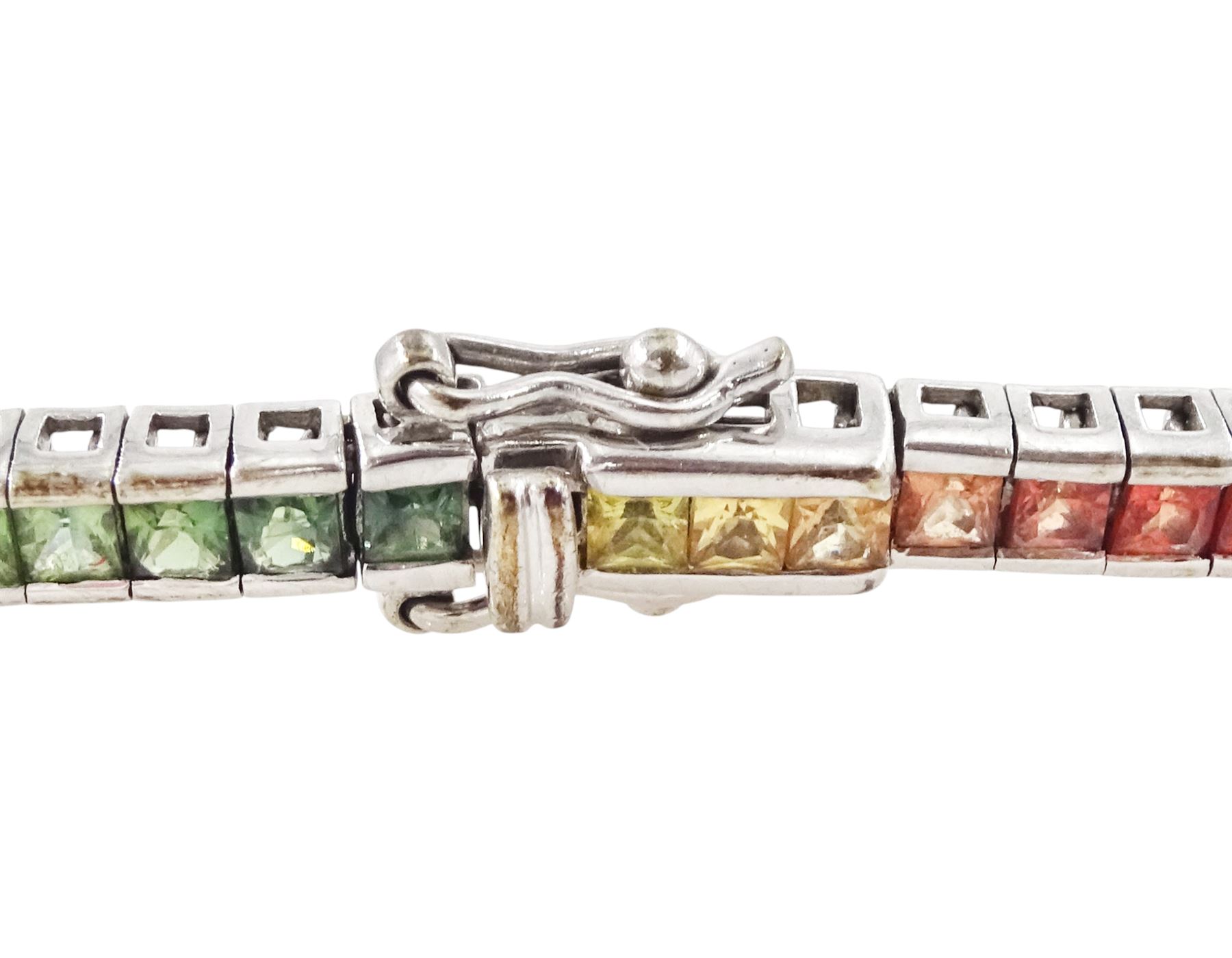 9ct white gold rainbow sapphire bracelet, channel set with eighty-five square cut fancy coloured sapphires, hallmarked, total sapphire weight approx 4.85 carat