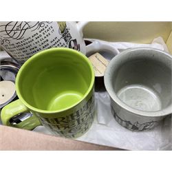 Large collection of ceramics to include God Speed the Plough loving cup, Denby, Coalport, Portmeirion, quantity of mugs etc in four boxes