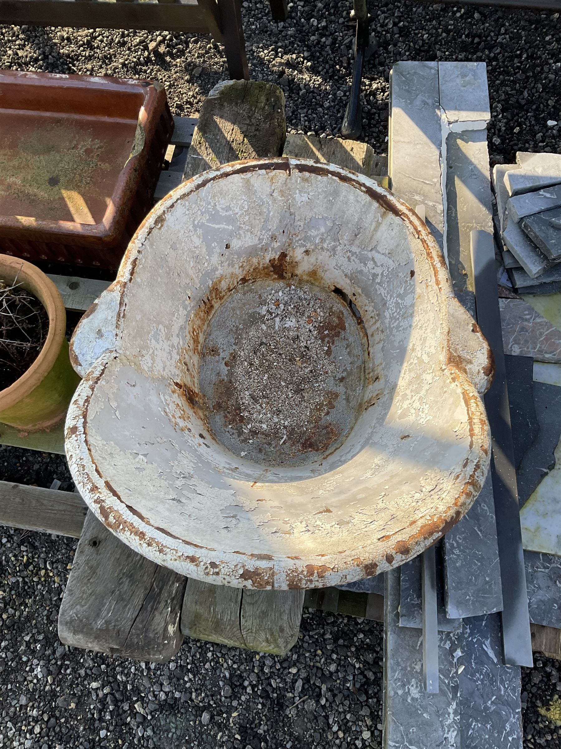 Painted Tin bath, wooden posts, marble fire surround pieces, planters and shallow glazed rectangular sink - THIS LOT IS TO BE COLLECTED BY APPOINTMENT FROM DUGGLEBY STORAGE, GREAT HILL, EASTFIELD, SCARBOROUGH, YO11 3TX