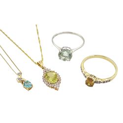 9ct gold stone set jewellery including parabia tourmaline and diamond pendant necklace, citrine and cubic zirconia ring