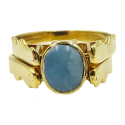  14ct gold sapphire and diamond cluster/larimar reversible flipover ring stamped 14K, 6.4gm  