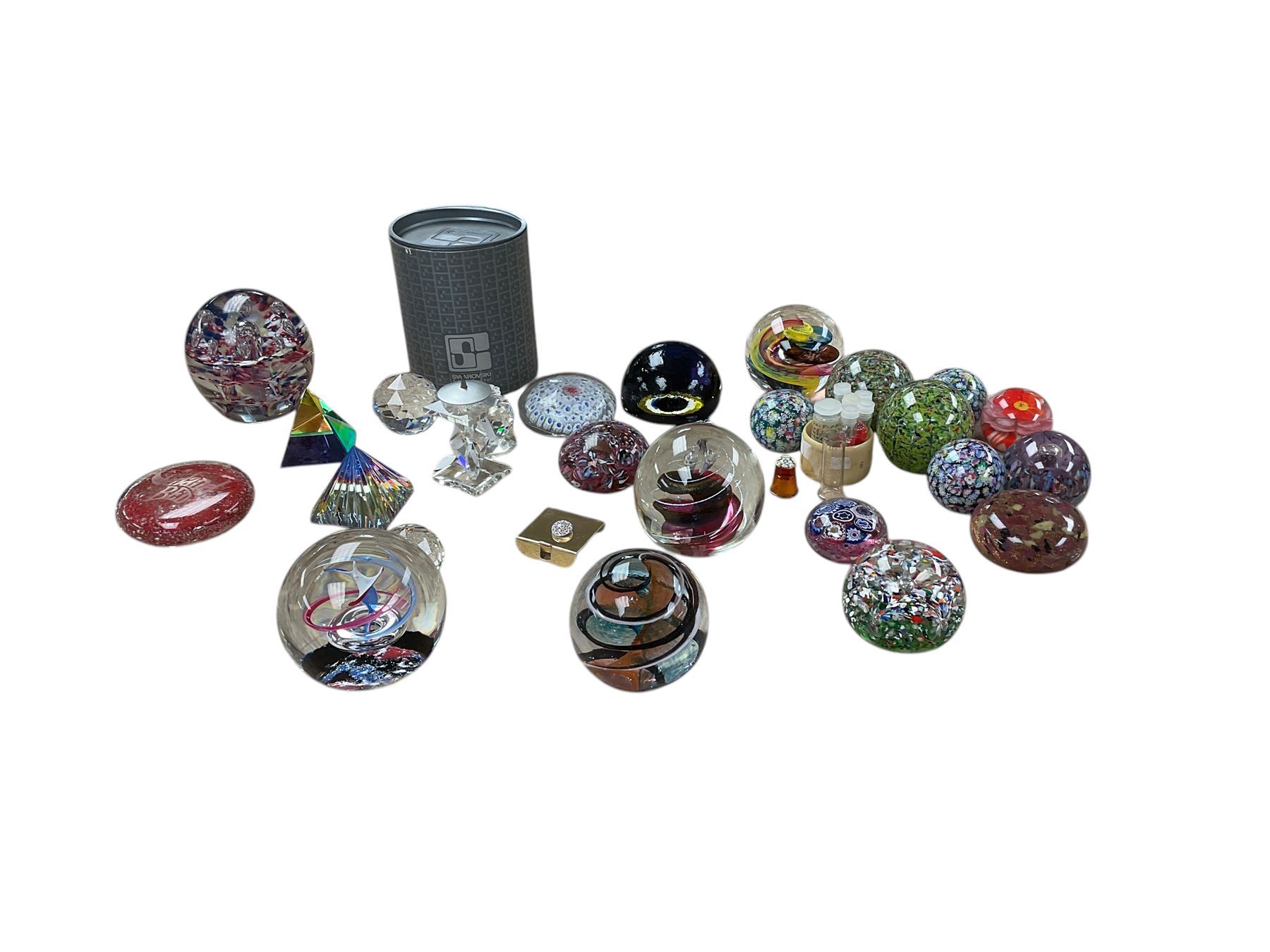 Large collection of glass paperweights, including paperweights by Selkirk, Swarovski etc
