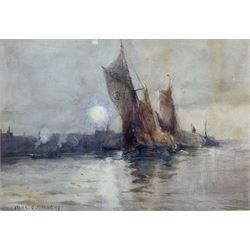 Frank Henry Mason (Staithes Group 1875-1965): Hay Barges at Sunset, watercolour signed and dated '98, 23cm x 34cm