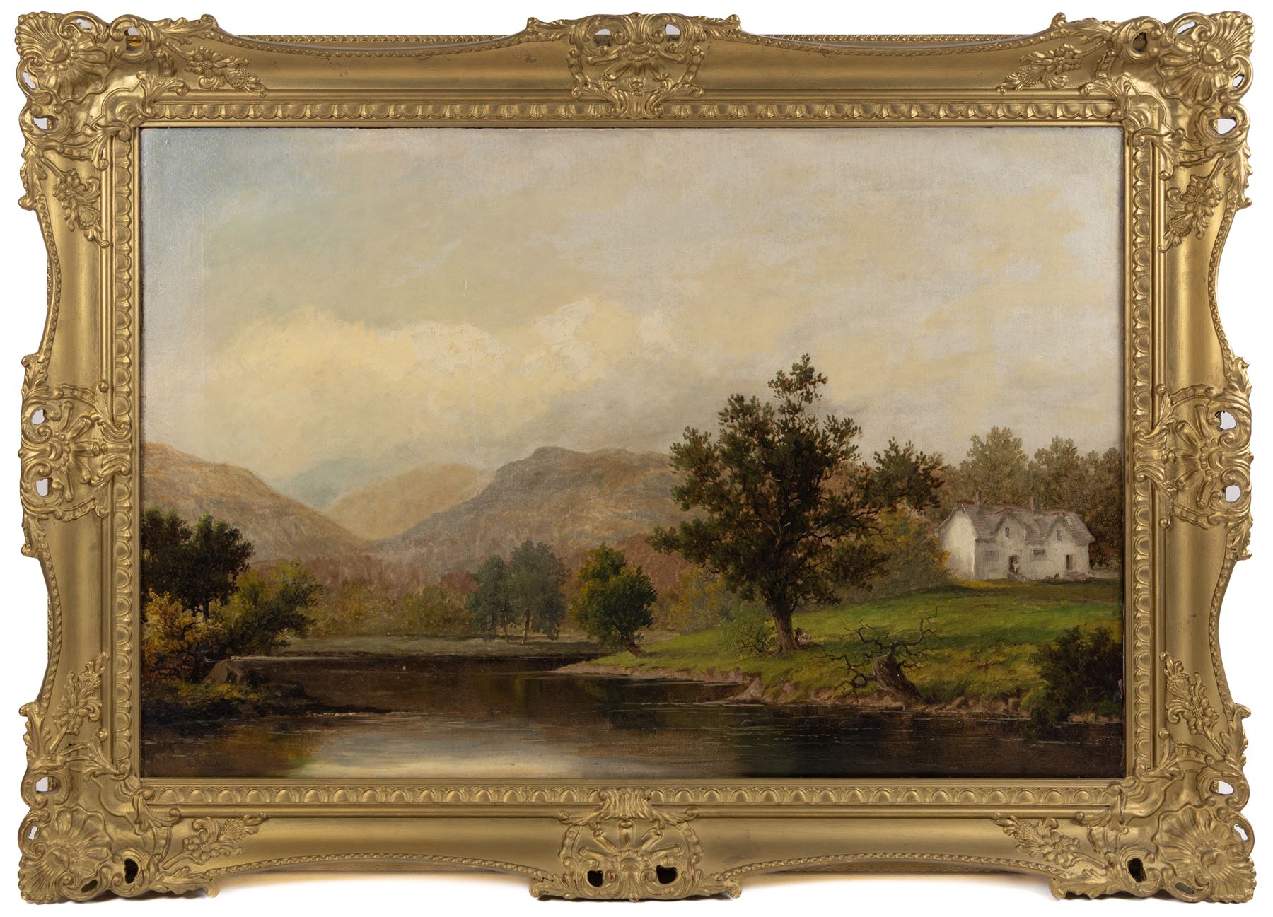 English School (19th Century): Cottage and River Landscape, oil on canvas indistinctly signed, also titled 'on the -' indistinctly verso in large gilt frame 60cm x 90cm