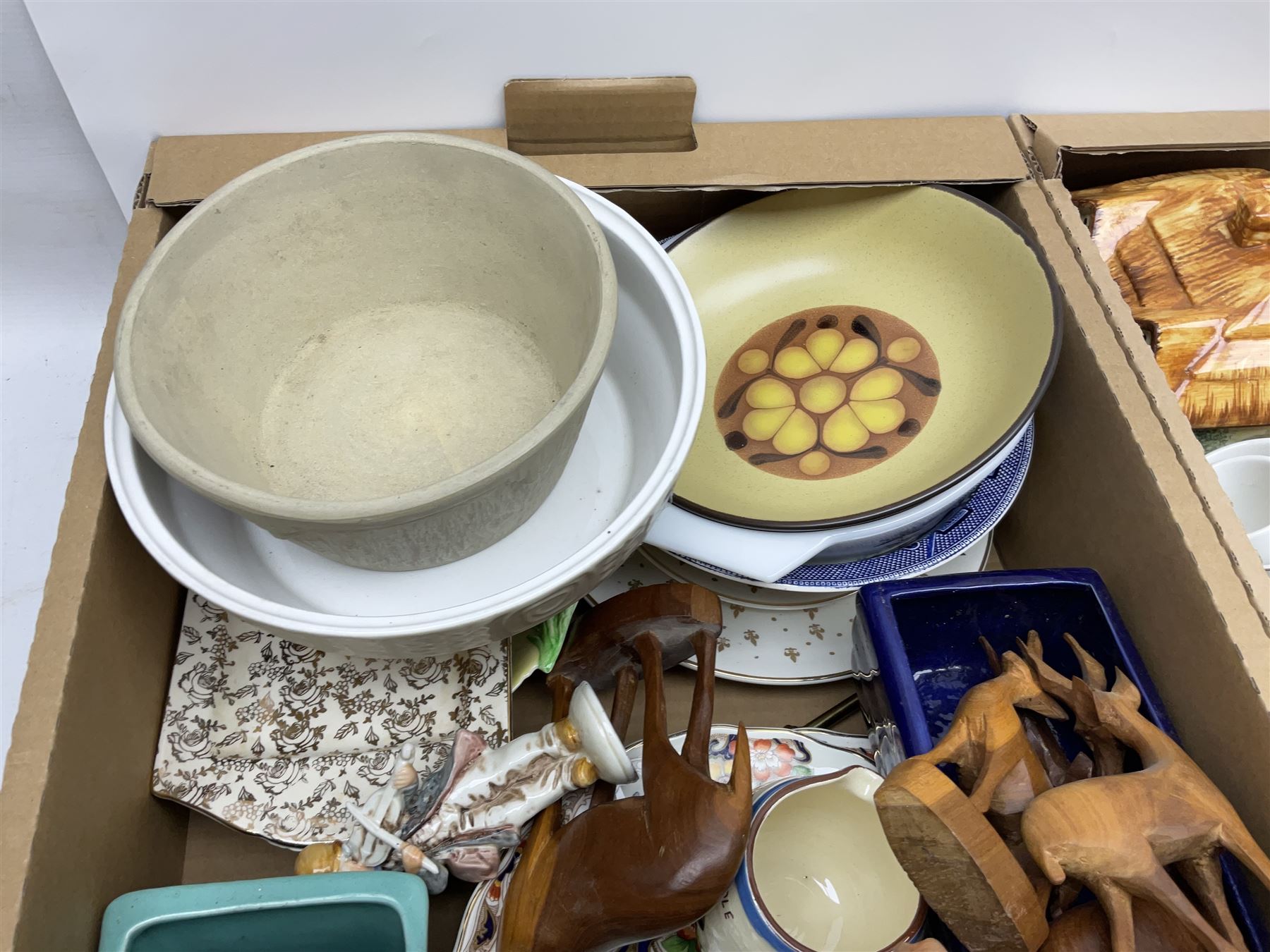 Two Poole Pottery dinner plates and a meat plate, four Copeland Spode Bermuda pattern dinner plates, Sadler jug, Keele St Pottery cottage tea wares, Torquay Motto ware, blue and white jug and bowl, two large planters and other ceramics, etc, in four boxes 
