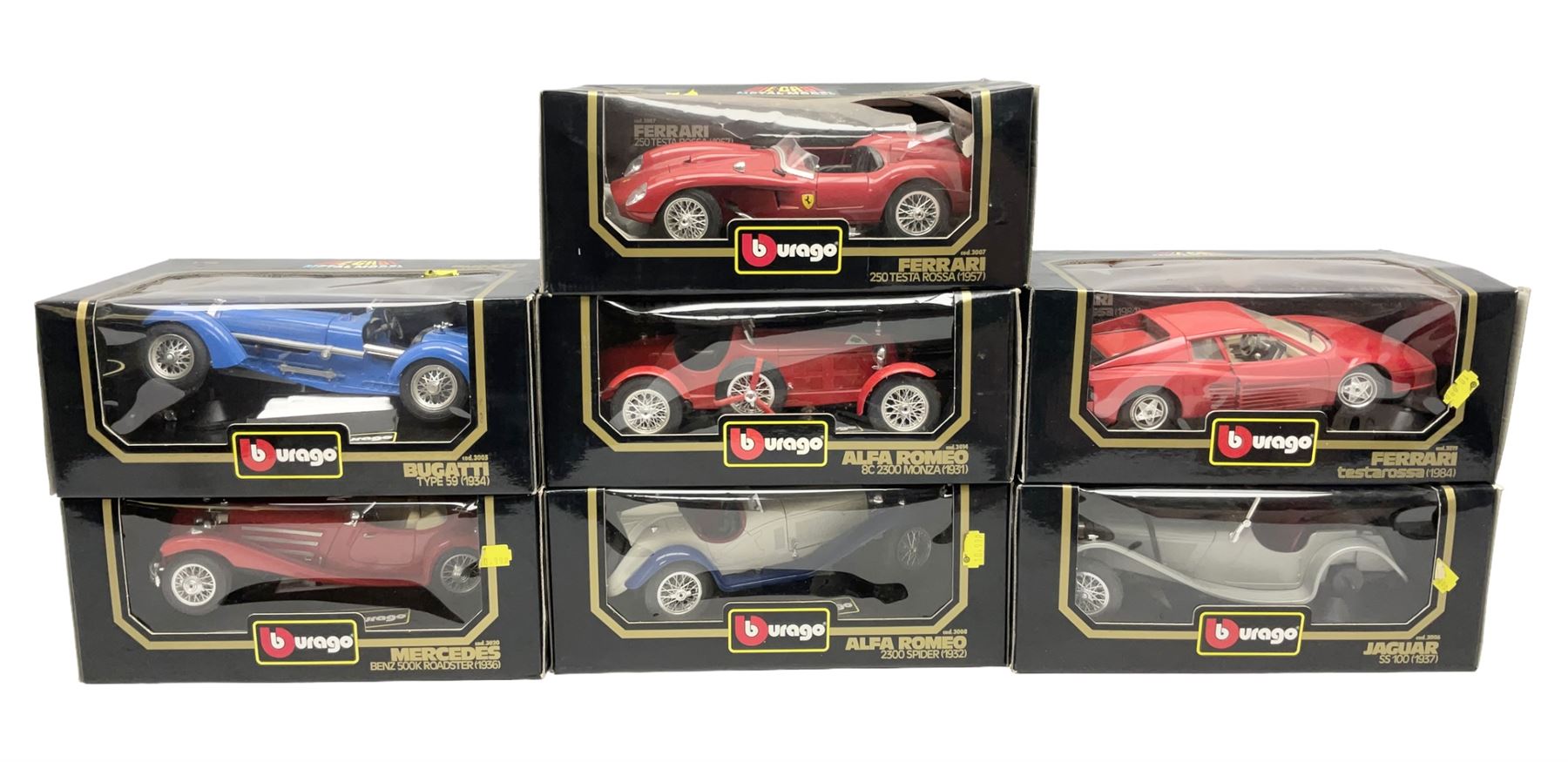 Bburago - seven 1:18/1:20 scale die-cast models comprising Jaguar SS100 (1937), Alfa Romeo 8C 2300 Monza (1931), Alfa Romeo 2300 Spider (1932), Ferrari Testarossa (1984), Bugatti Type 59 (1934), Mercedes Benz 500K Roadster (1936) and Ferrari 250 Testa Rossa (1957); all boxed (7)