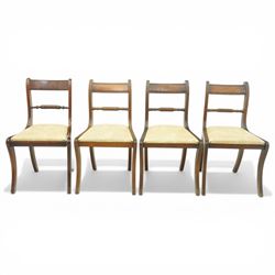 Late 20th century Regency style mahogany dining chairs, set of four, bar backs with figure...