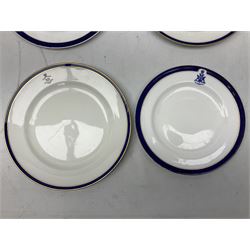 Collection of Regimental dinner wares, Comprising Royal Sussex; two dinner plates, two side plates and a soup bowl, Royal Leicestershire; two dinner plates, East Yorkshire Regiment side plate and Gordon Highlanders side plate, all decorated with the regiment's crests and blue and gilt boarders (9)
