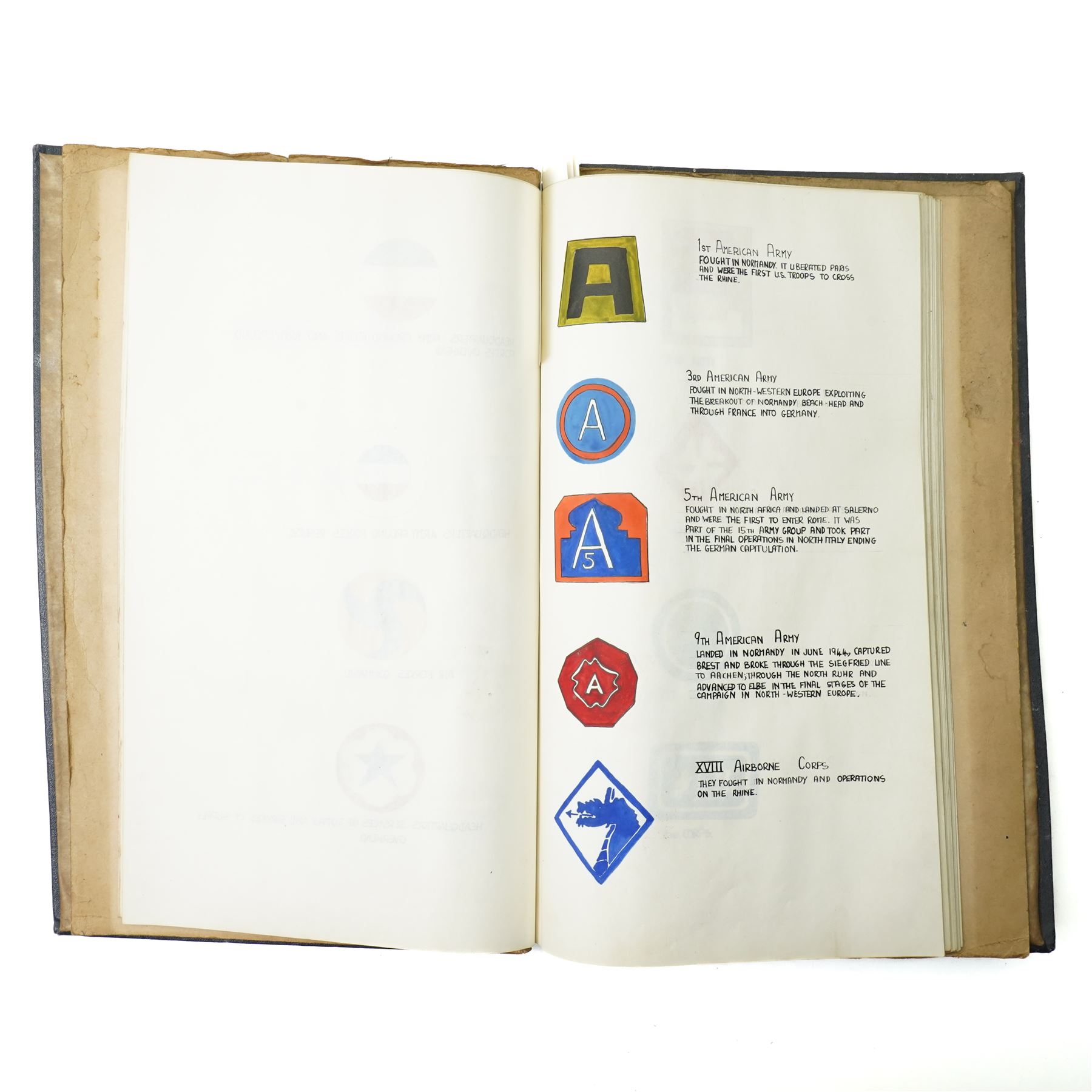 Folder containing a comprehensive collection of watercolours of WWII military emblems including U.S.Army Insignia, British Chevrons, Division Insignia, U.S. Army Divisions, Medals, Weapons etc with typed information, approximately sixty five pages with many illustrations  probably late 1940s/ early 1950s 