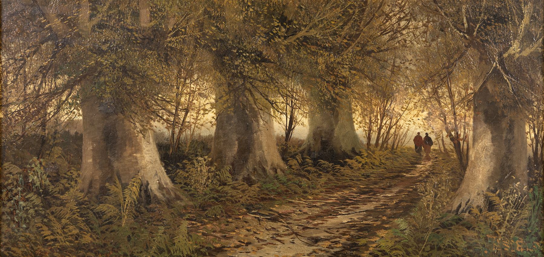 English School (19th/20th century): Figures Strolling Through Dense Forest, pair of oils on canvas indistinctly signed 29cm x 60cm (2)