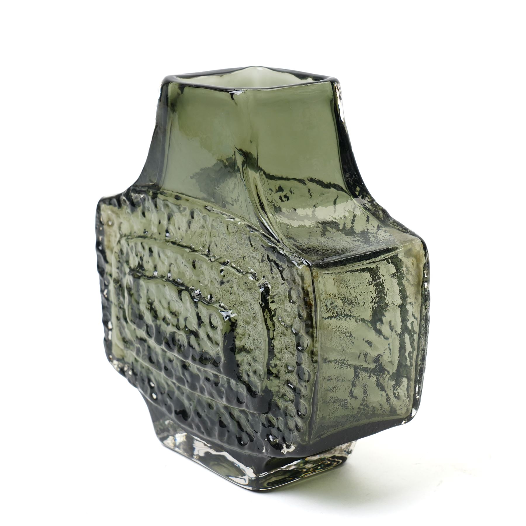 Whitefriars TV or Concentric Rectangle vase, designed by Geoffrey Baxter, textured effect in the willow colourway, shape number 9677, 17.5cm 