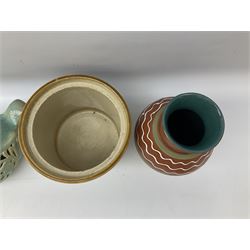 Quantity of studio pottery to include square section vase decorated with blossoming branches, other studio pottery to include jugs, bowls, vases etc, with various marks, duck egg b,J.E. bowl stamped Buchan, continental pottery, other stoneware pottery to include glazed jar with lid etc