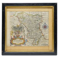 Gulielmus Hole (British ?-1624) and Christopher Saxton (British 1540-1610): 'Vniversi Derbiensis Comitatus qui olim Coritanorum fuit descriptio', 16th century engraved map hand-colouring of Derbyshire pub. c.1579, 28cm x 31cm