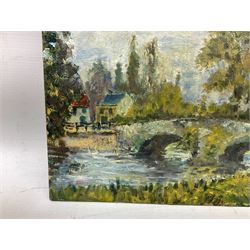 M. Holmes Pickup (Scottish, 20th Century): Bridge over River, Oil on board, signed in pen to lower right, 34cmx26.5cm