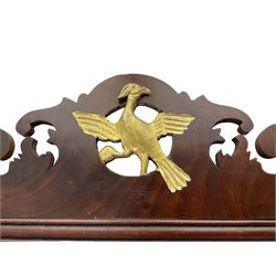 Early 19th century Chippendale design mahogany framed wall mirror, the pierced and foliate carved pediment with a central gilt Ho Ho bird motif, the rectangular plate within a gilt slip, shaped and carved terminal