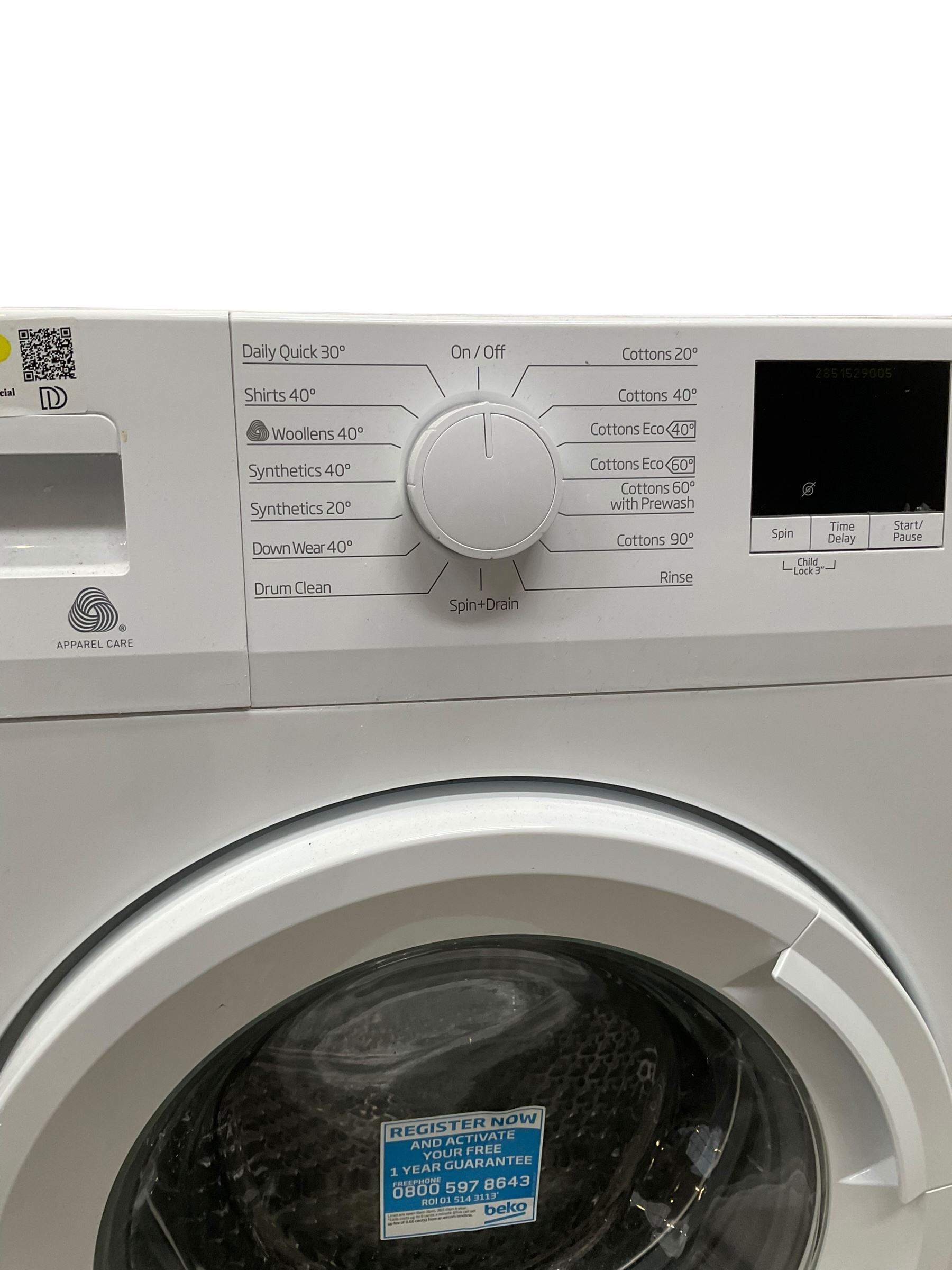 Beko WTB820E1W 8kg washing machine  - THIS LOT IS TO BE COLLECTED BY APPOINTMENT FROM DUGGLEBY STORAGE, GREAT HILL, EASTFIELD, SCARBOROUGH, YO11 3TX