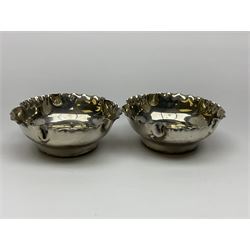 Pair of Victorian silver open salts, of circular form with shaped rims and matching salt spoons, all hallmarked, within fitted tooled leather case 