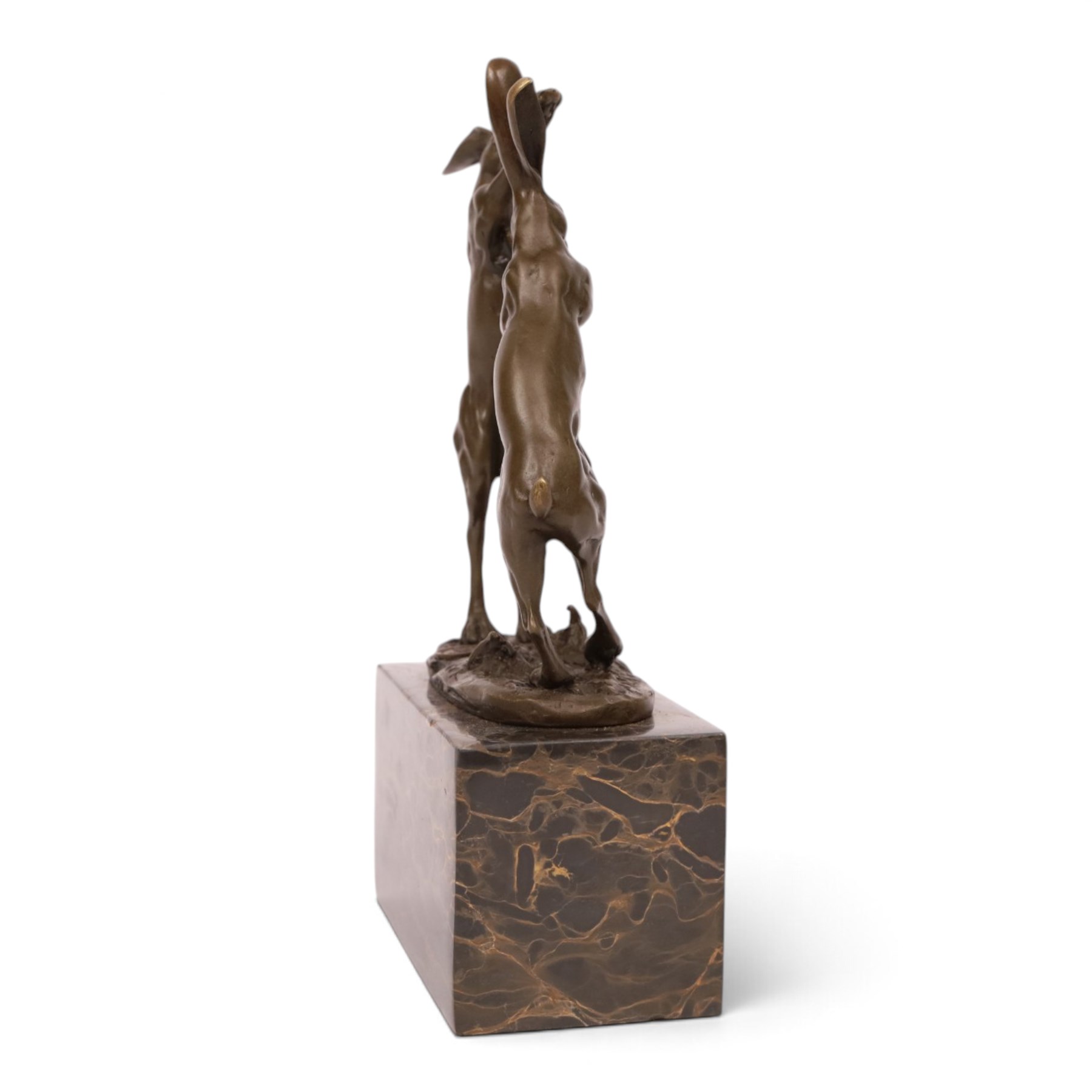 After Mario Nick - two hares boxing, bronze figure group, signed Nick and bearing foundry mark, upon rectangular plinth, H24cm
