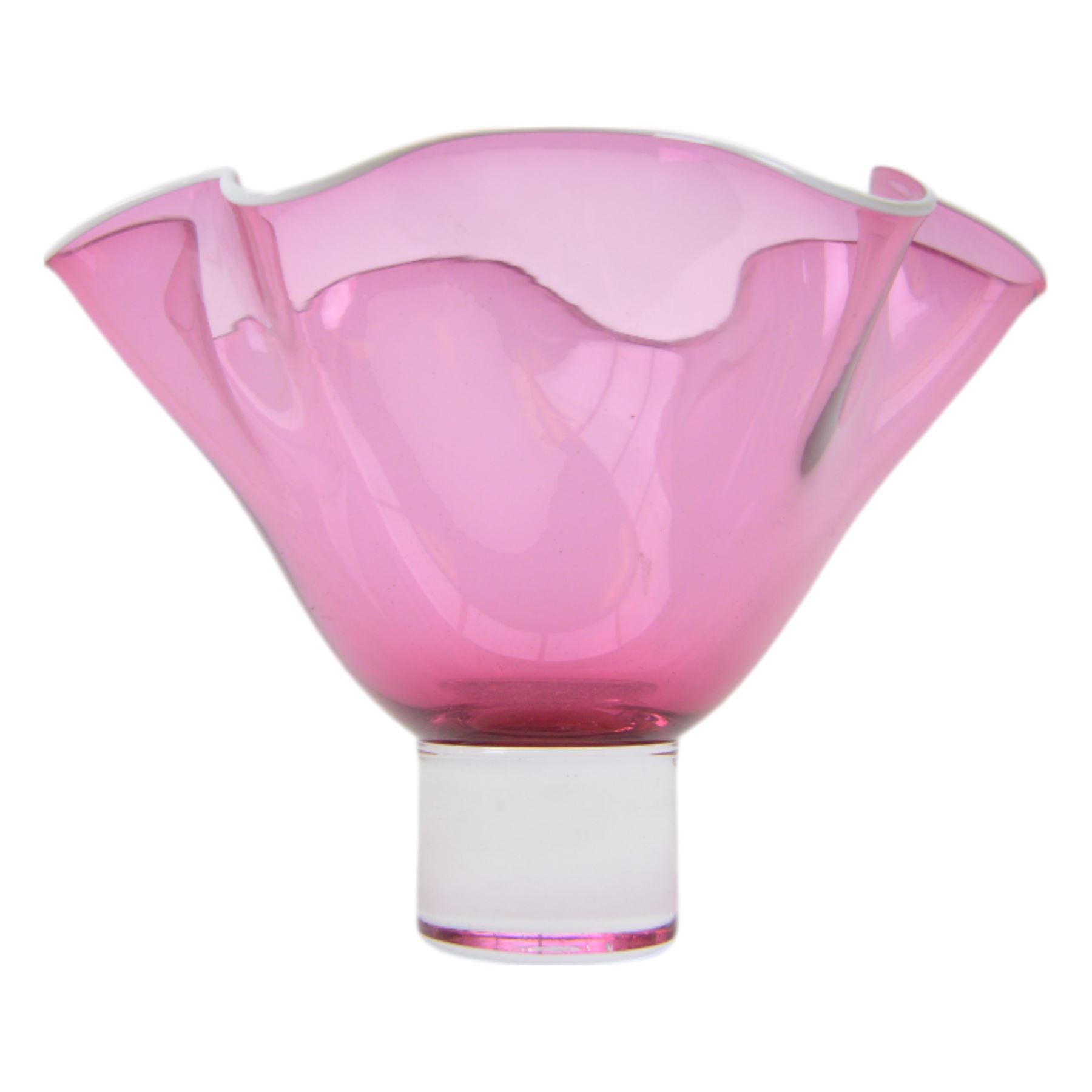 Gillies Jones of Rosedale, pink glass vase with crimped white rim on a pedestal foot, signature to base D15cm H10cm