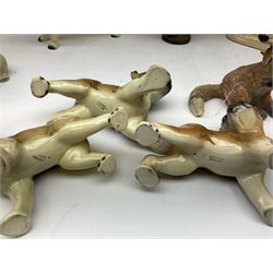Three West German figures of Boxer dogs, Coopercraft figure of a dalmatian, Crested ware owl, West German horse figure group, Basil Matthews studio fox figure, Wade and other ceramic and composite  animal figures