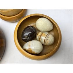 Quantity of cigarette cards to include three frames, and quantity of marble and agate eggs, turned wood bowls etc