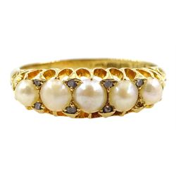 Early 20th century 18ct gold split pearl ring, with diamond accents set between, hallmarked