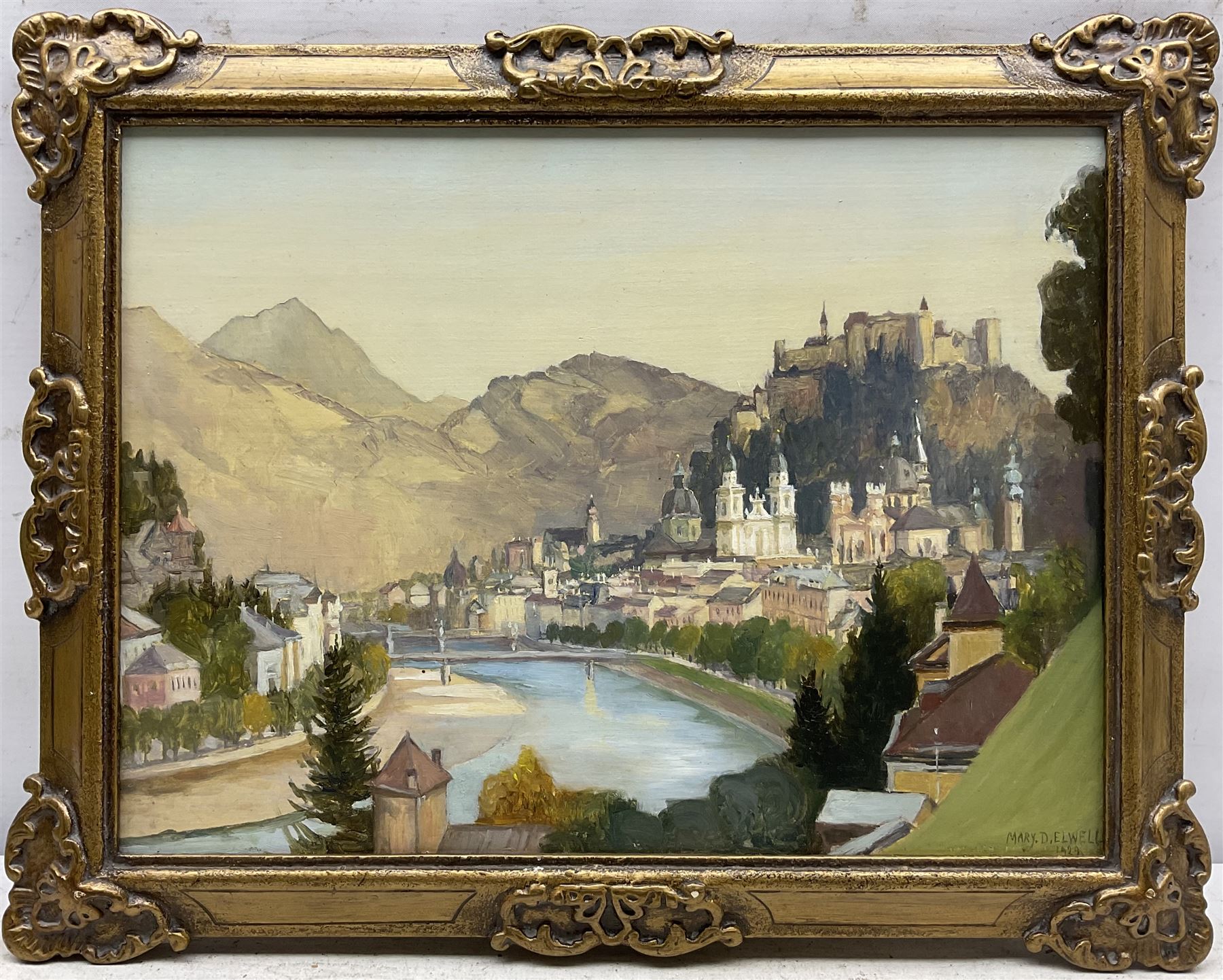 Mary Dawson Elwell (British 1874-1952): 'Salzburg Castle', oil on panel signed and dated 1929, original title label with artist's address verso 25cm x 35cm
Provenance: East Yorkshire dec'd estate; with Dee Atkinson & Harrison, Driffield, 3rd July 2009 Lot 466